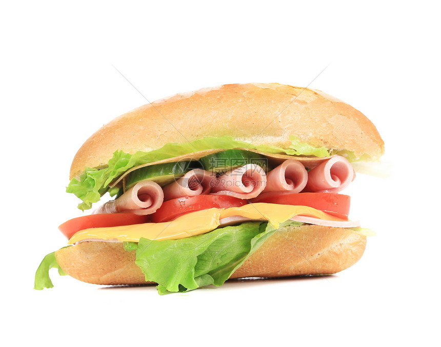 三明治加培根和蔬菜火腿熏制家禽垃圾面包种子沙拉小吃食物芝麻图片