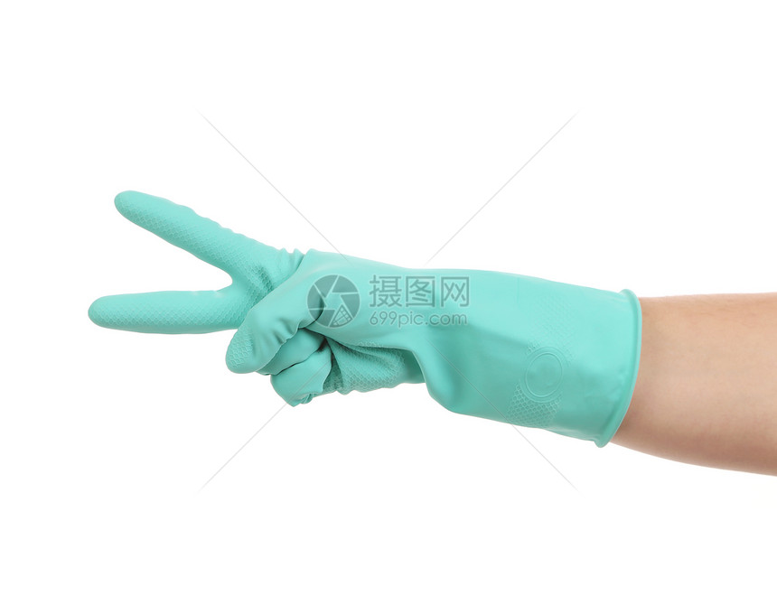 手头上的蓝色手套显示的是两个橡皮工作工业安全家政手指盘子清洁工家务材料图片