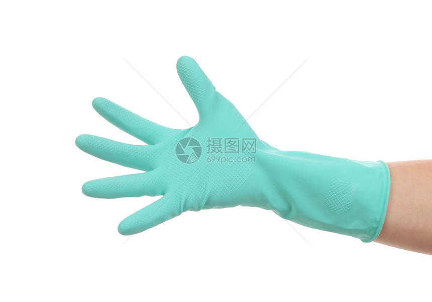 手戴蓝手套卫生擦洗棕榈材料海绵洗涤器琐事安全女佣塑料图片