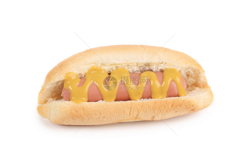 热狗或配芥末芥子酱的维纳面包食物小吃香肠包子红色烧烤图片