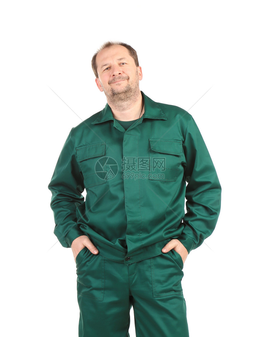 人身穿绿色的服饰微笑电工安全领班男人工人承包商木匠成人职业图片