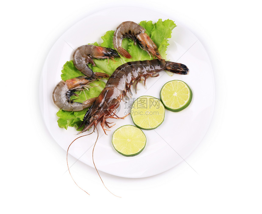 盘子里有生虎虾饮食海鲜贝类甲壳动物食物营养老虎沙拉柠檬图片