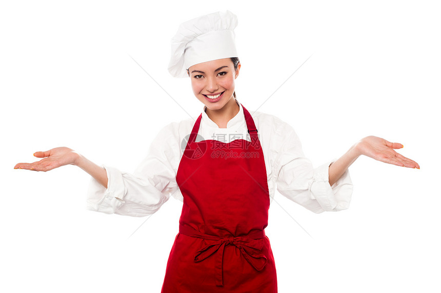欢迎来到我的餐厅酒店手势工作厨房烹饪女孩餐饮食谱厨师女性图片
