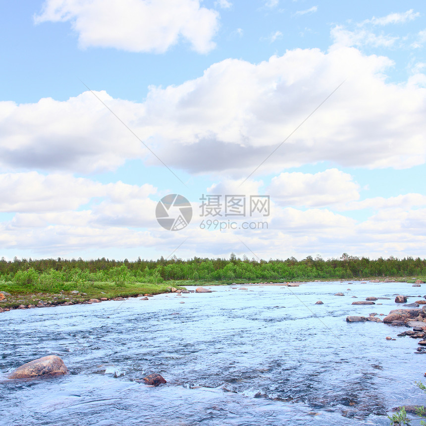 森林河流的景观运动天空溪流地块阳光顶峰岩石树木旅游晴天图片