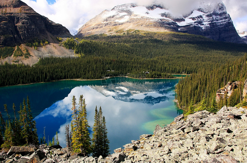 加拿大不列颠哥伦比亚省约霍国家公园奥哈拉湖风景高原荒野松树天空高山蓝色公园树木森林图片