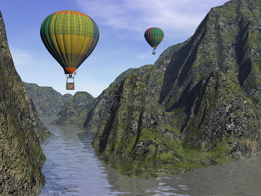 两个热空气气球蓝色薄雾热气天空爬坡闲暇自由娱乐运动晴天图片