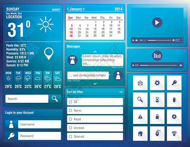 天气日历移动应用程序的平板设计元件信息触摸屏图表日历酒吧网络蓝色部件经济学天气插画