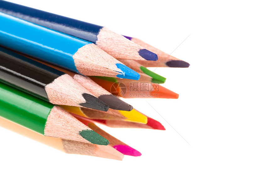 白上隔离的彩色铅笔艺术素描蜡笔白色学校红色粉色棕色彩虹黄色图片