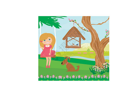 映山红小女孩摇摆孩子木头场地花园卡通片鸟类艺术品叶子女孩耳机插画