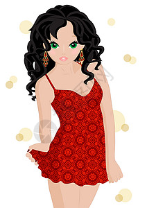 美丽的女孩头发卡通片衣服裙子女士红色耳环购物背景图片