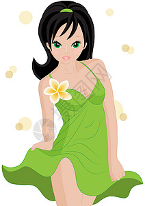 美丽的女孩女士购物绿色卡通片裙子头发耳环衣服背景图片