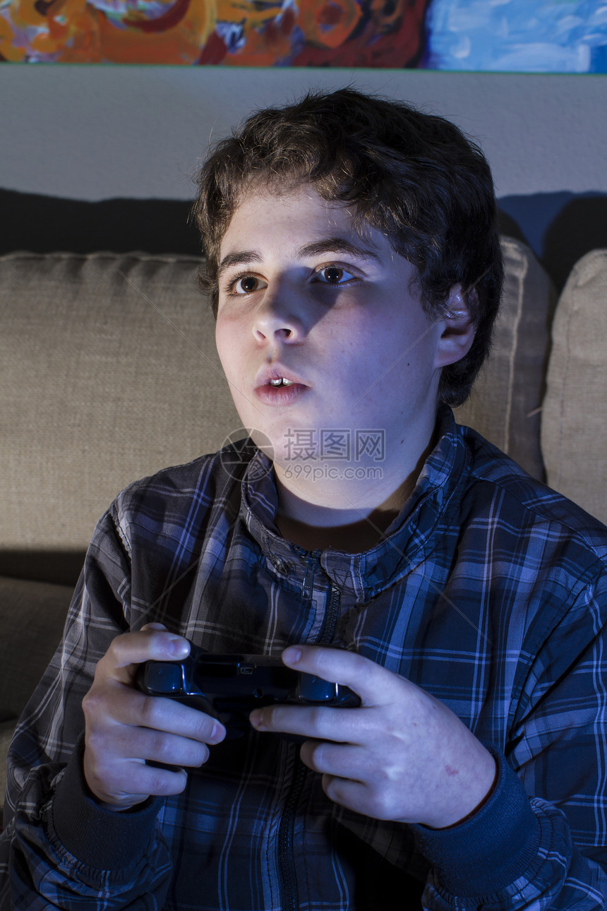娱乐 玩游戏的男孩儿在家里玩电脑游戏青年控制电脑视频游戏享受沙发微笑孩子兄弟图片