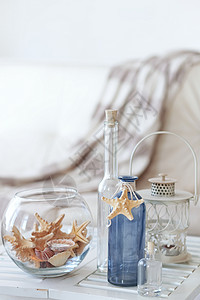 鱼缸底沙夏季内装饰房间纪念品桌子旅行乡村风格瓶子静物假期海星背景