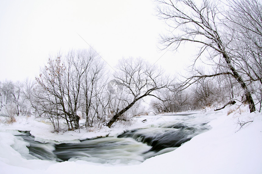 乌克兰顿涅茨克地区Krynka河冬季风景季节溪流森林仙境树木蓝色白色瀑布地区场景图片