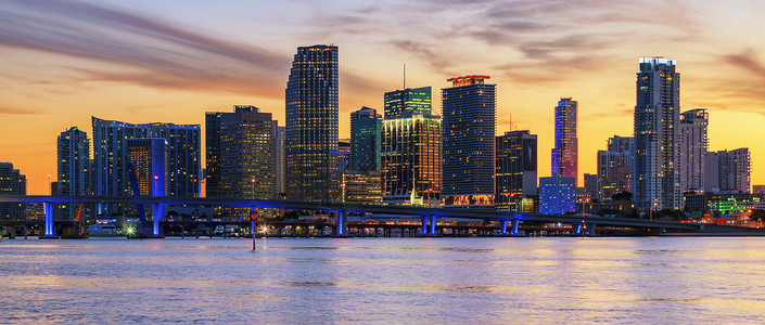 布里克尔全景日落 迈阿密城市摩天大楼建筑学房地产建筑物旅行市中心旅游天空住宅背景