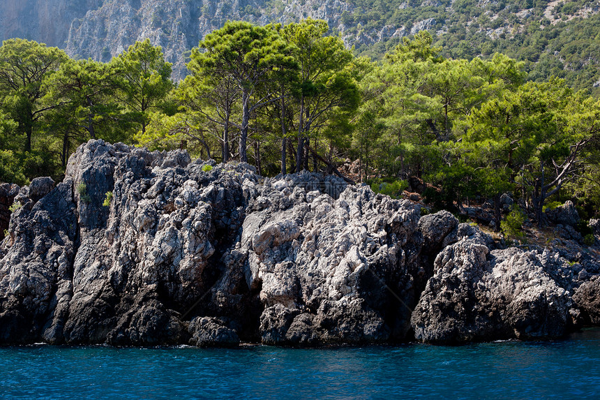 山区和山区海树木岩石绿色蓝色天空火鸡灰色水平植物阳光图片