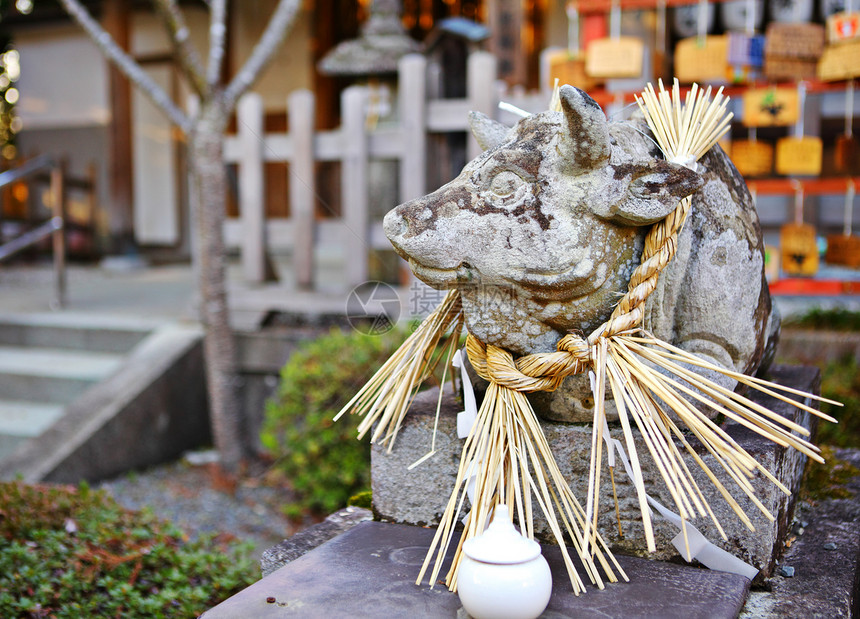 日本寺庙中的石牛雕像图片