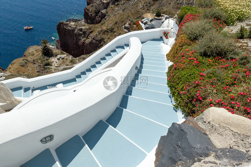 希腊圣圣圣罗里尼火山建筑建筑学楼梯假期岛屿晴天蓝色脚步旅行图片