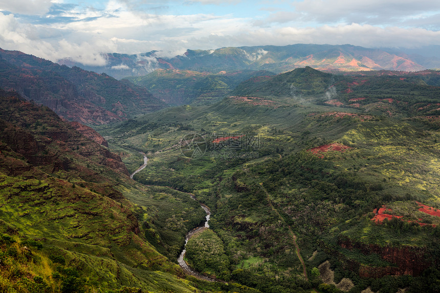 岛夏威夷绿色荒野阳光山沟地形橙子悬崖热带破坏戏剧性图片