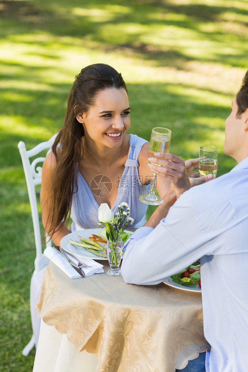 在户外咖啡厅喝香槟的情侣奢华女性幸福男人闲暇玻璃酒精棕色女士草地图片