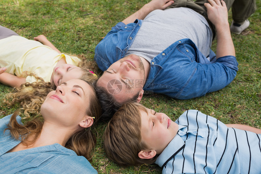 家庭躺在草地上 眼睛闭着在公园里图片