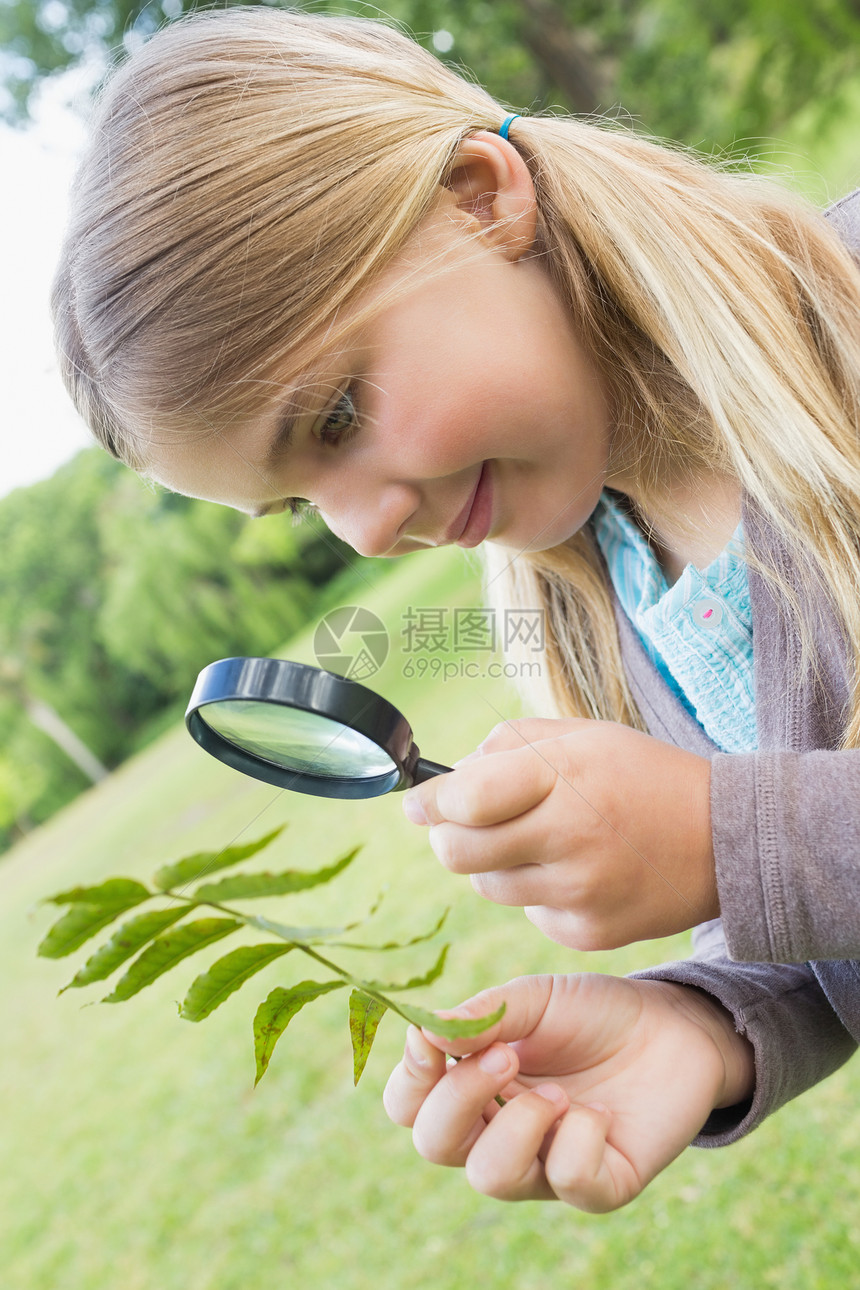 女孩在公园用放大镜检查树叶花园学生镜片辫子童年浅色树木玻璃头发小学生图片