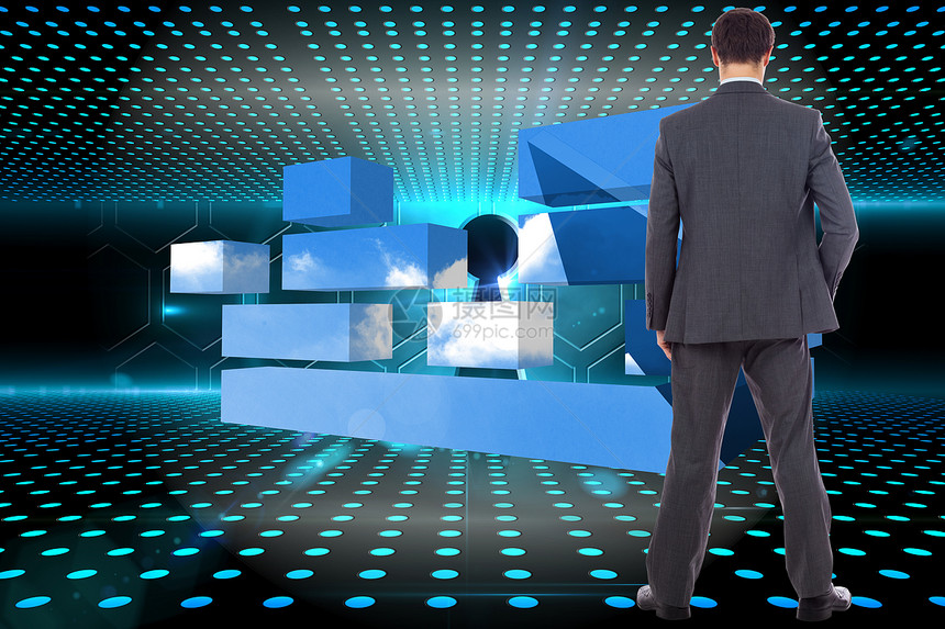 商务人士用手站在臀部的复合形象六边形人士计算机电路板棕色男性火花蓝色展示安全图片