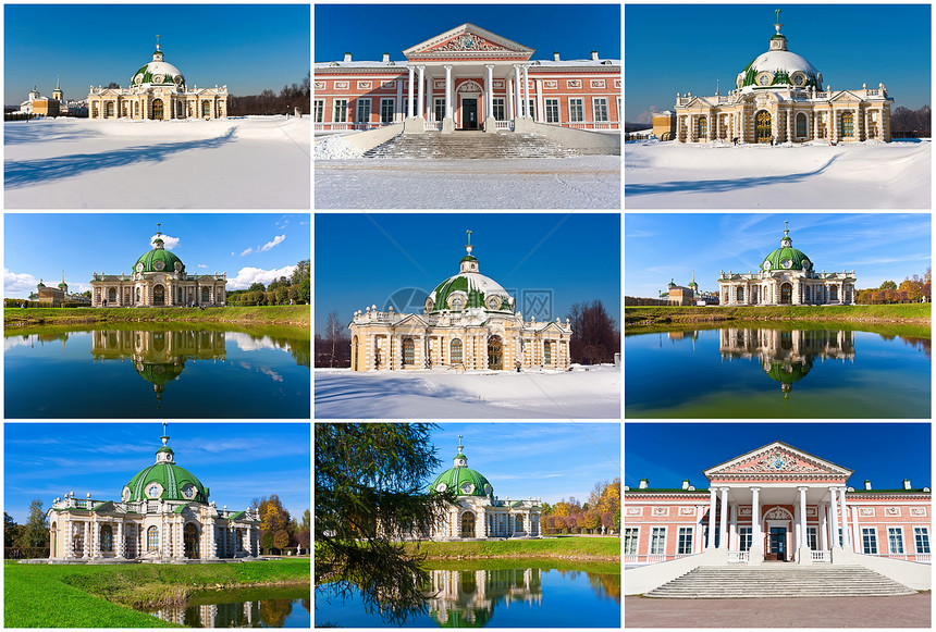 莫斯科Kuskovo博物馆建筑住宅建筑物池塘旅行博物馆反射历史石窟建筑学图片