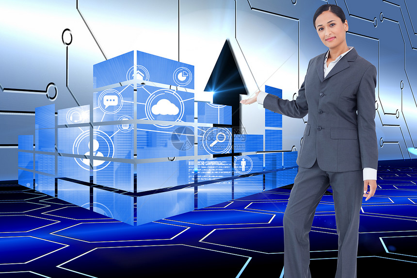 常任商业妇女形象综合图象的展示技术屏幕混血蓝色未来派电路板云计算棕榈推介会绘图图片