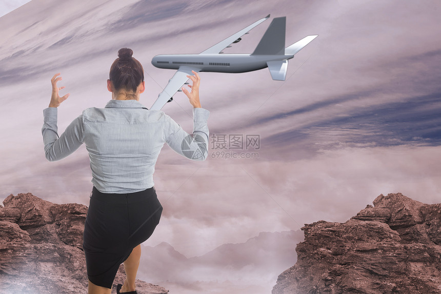 商业妇女出面的复合形象飞机人士旅游数字沙漠商务女士环境女性飞行图片
