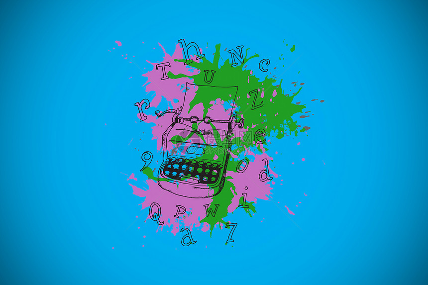 油漆喷洒上打字机的复合图像创造力蓝色绘图信件计算机飞溅艺术插图图片