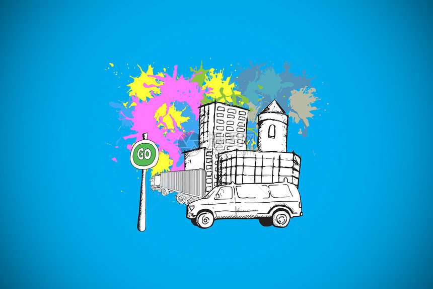 城市街道的复合图象与喷漆喷洒上的面包车绘图艺术插图计算机摩天大楼城市飞溅蓝色建筑货车图片