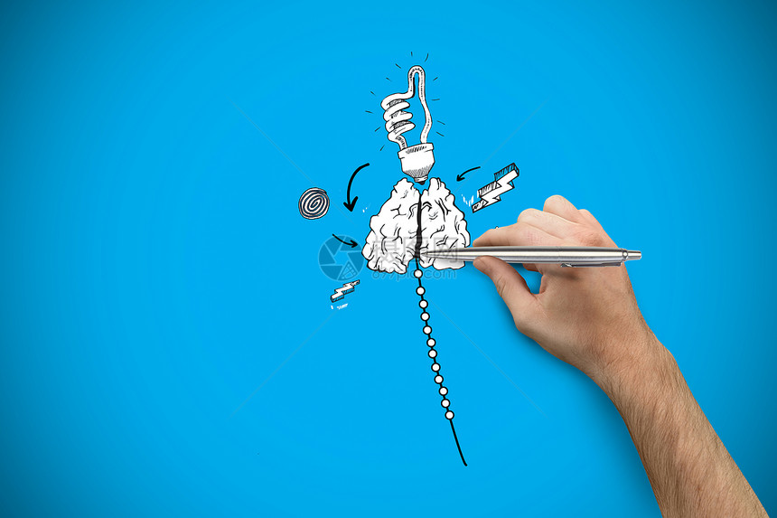 手握银笔的复合图象手势写作灯泡双手插图数字沟通涂鸦绘画蓝色图片