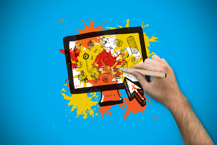 手握铅笔的复合图像计算机手臂绘图头脑创造力涂鸦艺术数字写作风暴图片