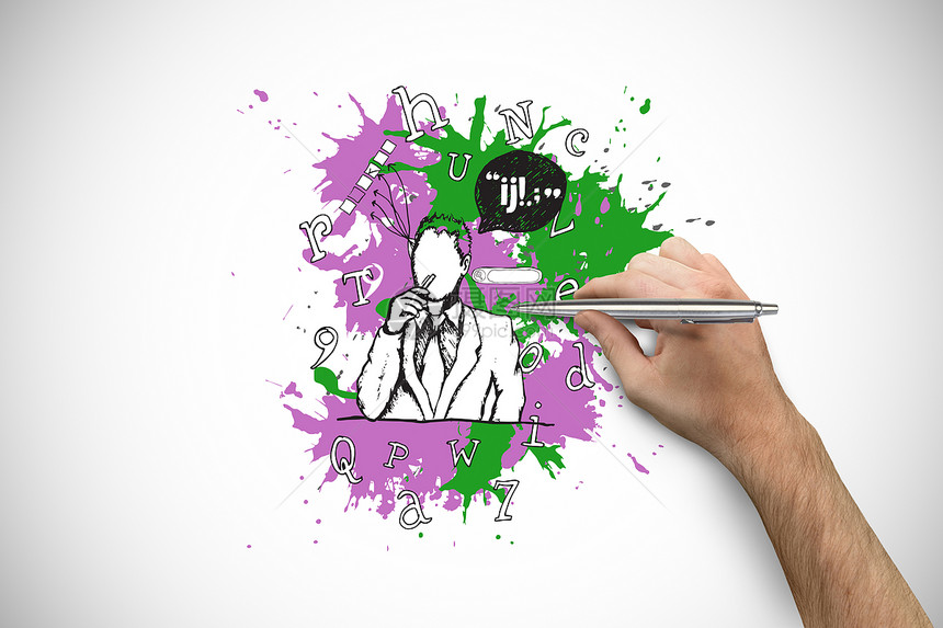手握银笔的复合图象插图人士绘画过程思考手臂计算机商务绘图创造力图片