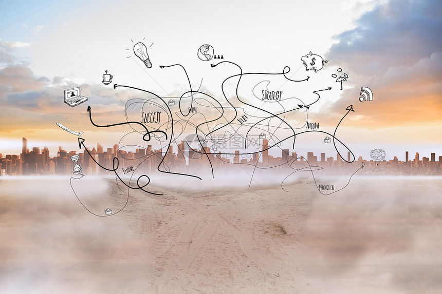 混合的脑风暴图像 用箭头涂鸦头脑计算机环境城市绘图电脑小路摩天大楼沙漠景观图片
