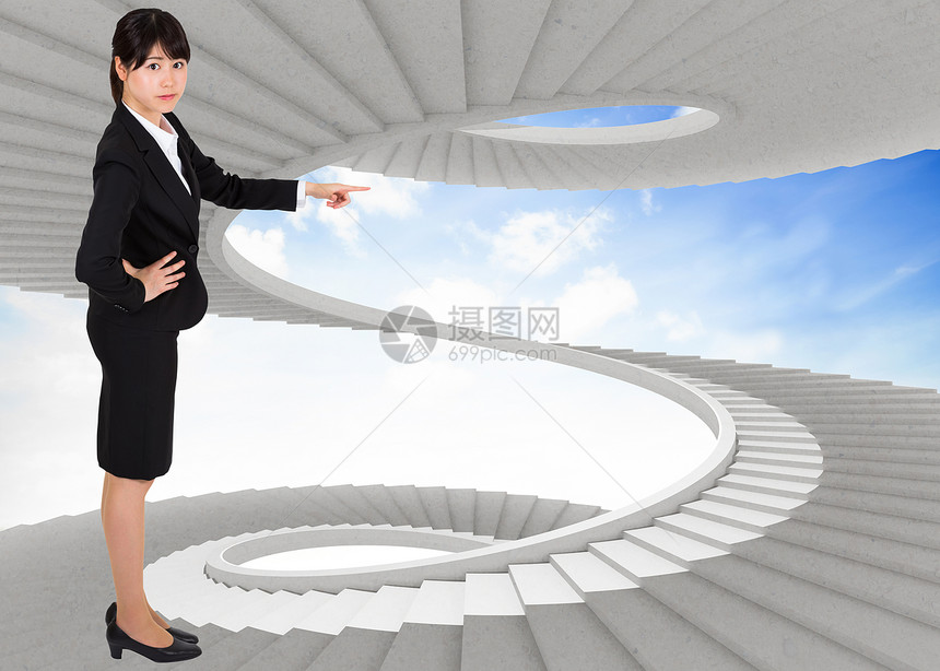 商业女商务人士的复合形象 指商务公司推介会计算机楼梯职业缠绕绘图多云螺旋图片