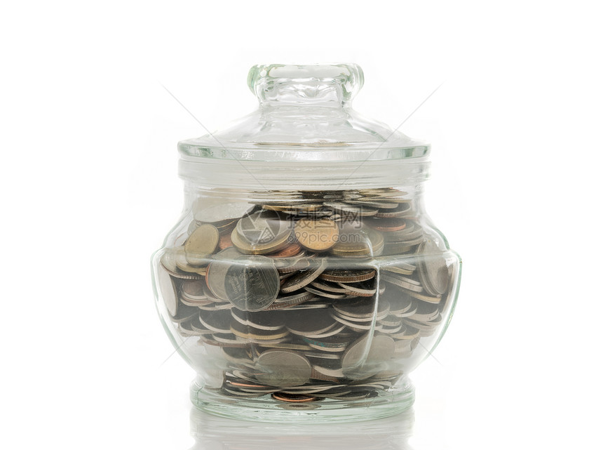 玻璃罐里有盖子的浴器硬币退休货币账单收藏投资储蓄基金白色现金教育图片