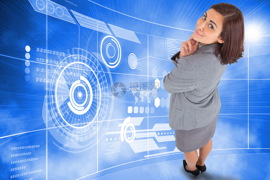 微笑 深思熟虑的女商务人士的综合形象绘图蓝色公司人士未来派商业头发计算机技术棕色图片
