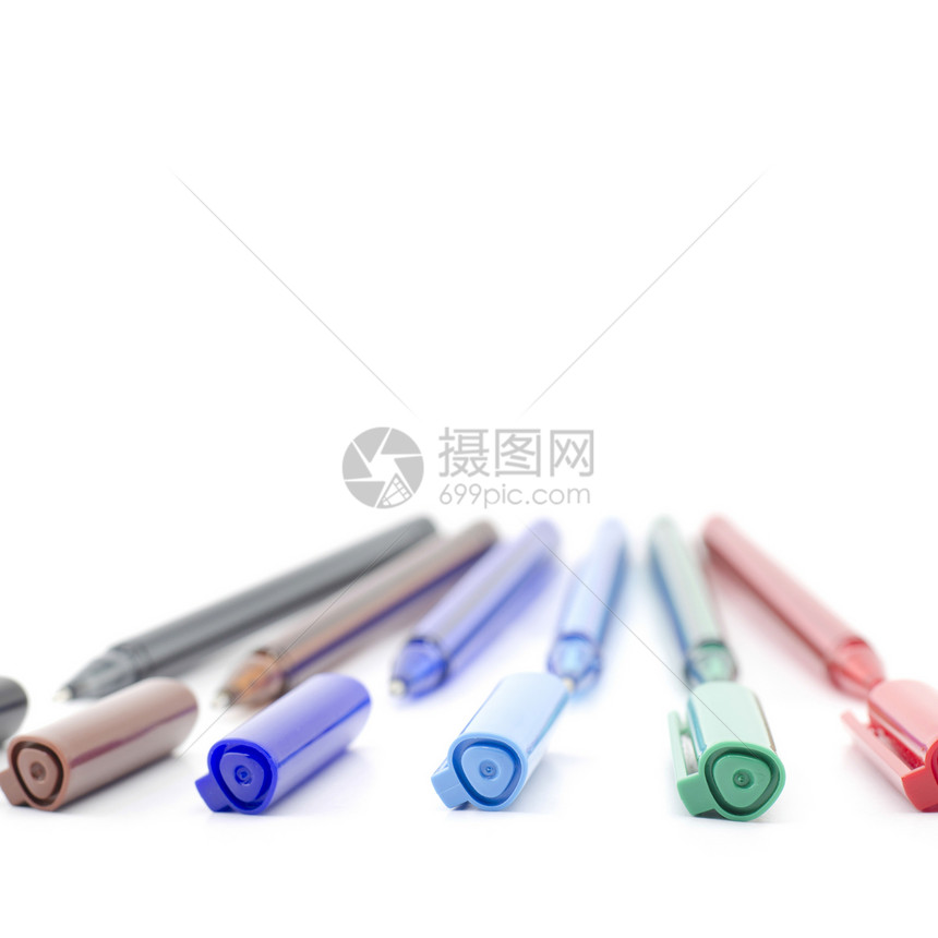 白上孤立的彩色笔工具塑料钢笔宏观紫色学校绘画补给品工作圆珠笔图片