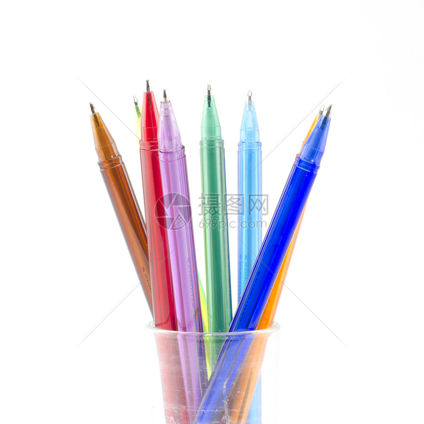 白上孤立的彩色笔紫色钢笔补给品橙子学校毛毡乐器工具工作圆珠笔图片