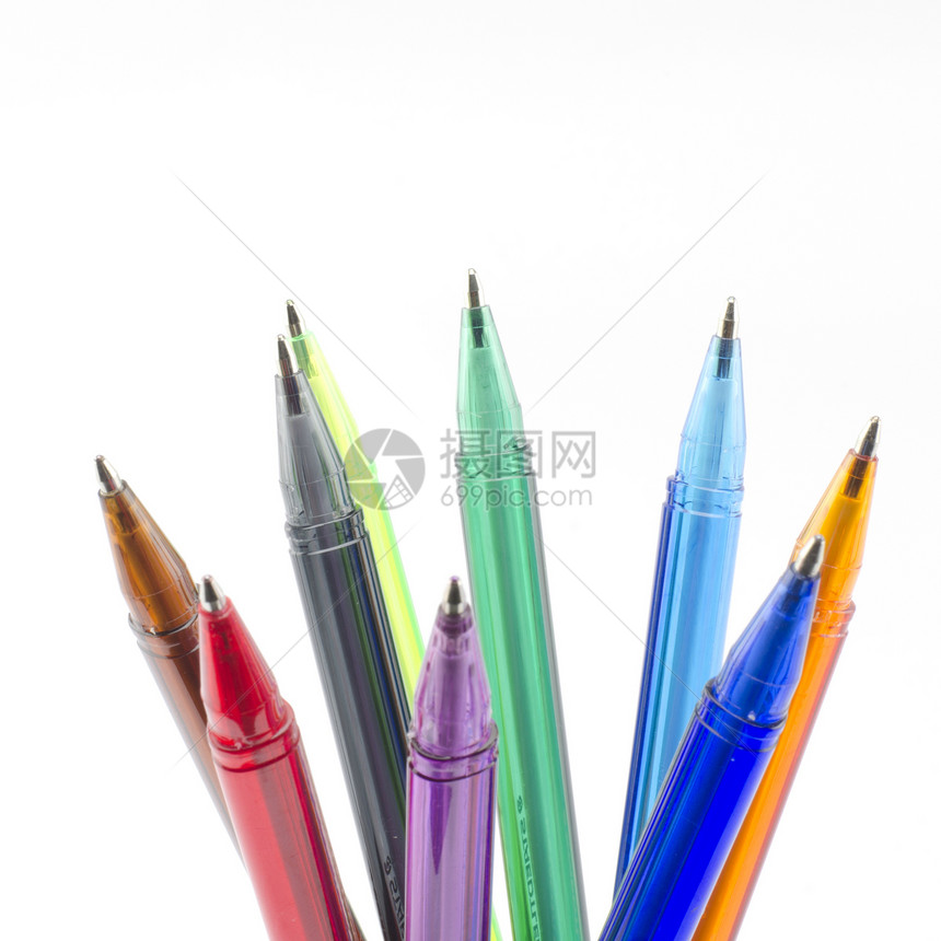 白上孤立的彩色笔紫色墨水橙子工具金属圆珠笔塑料学校收藏工艺图片