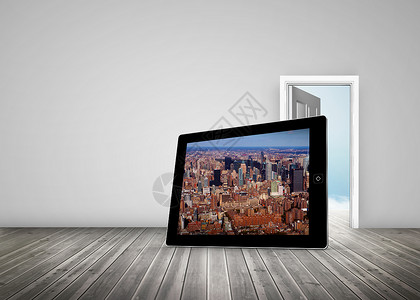 平板屏幕上纽约新星的复合图像城市天空蓝色开幕式灰色阳光媒体地面摩天大楼设备背景图片