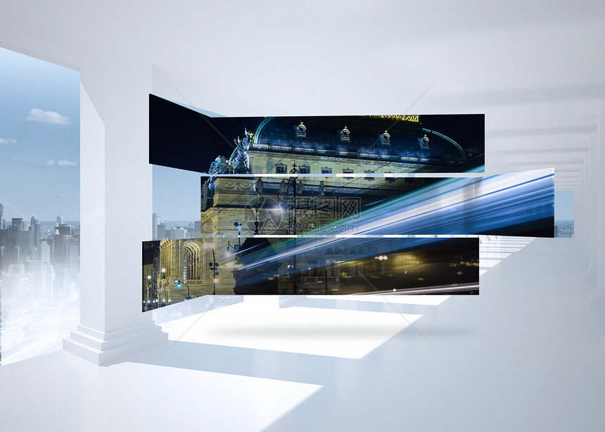 抽象屏幕上带光束的建筑复合图像合成图象多云绘图计算机房间窗户天空走廊建筑学大厅门厅图片