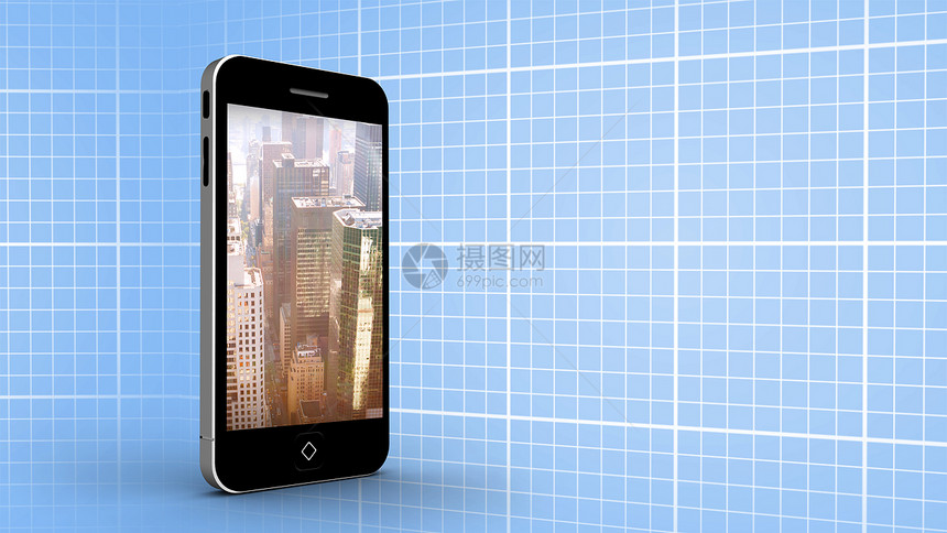 平板屏幕上的城市复合图像媒体网格景观蓝色设备计算机手机绘图白色摩天大楼图片