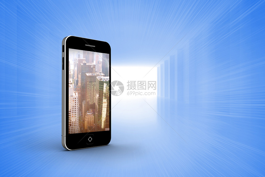 平板屏幕上的城市复合图像窗户房间手机摩天大楼媒体绘图蓝色计算机白色设备图片