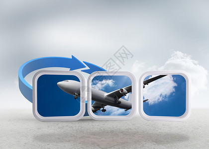抽象屏幕上飞机的复合图象计算机旅行圆圈航空绘图多云天空飞行旅游展示背景图片