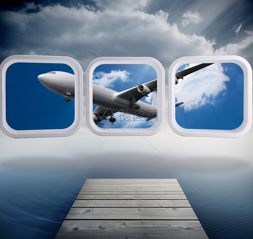 抽象屏幕上飞机的复合图象蓝色多云旅行旅游太阳计算机水坑地平线水池航空图片