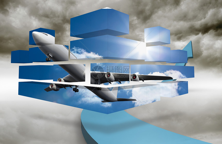 抽象屏幕上飞机的复合图象展示旅行飞行绘图多云进步航空计算机未来派天空图片