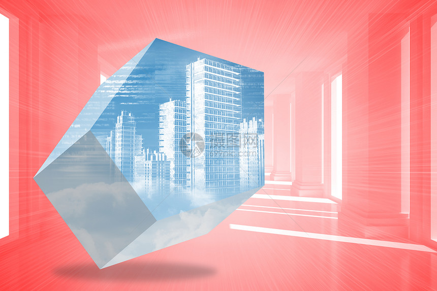 抽象屏幕上数字城市的复合图象计算机窗户红色白色绘图建筑未来派景观摩天大楼展示图片